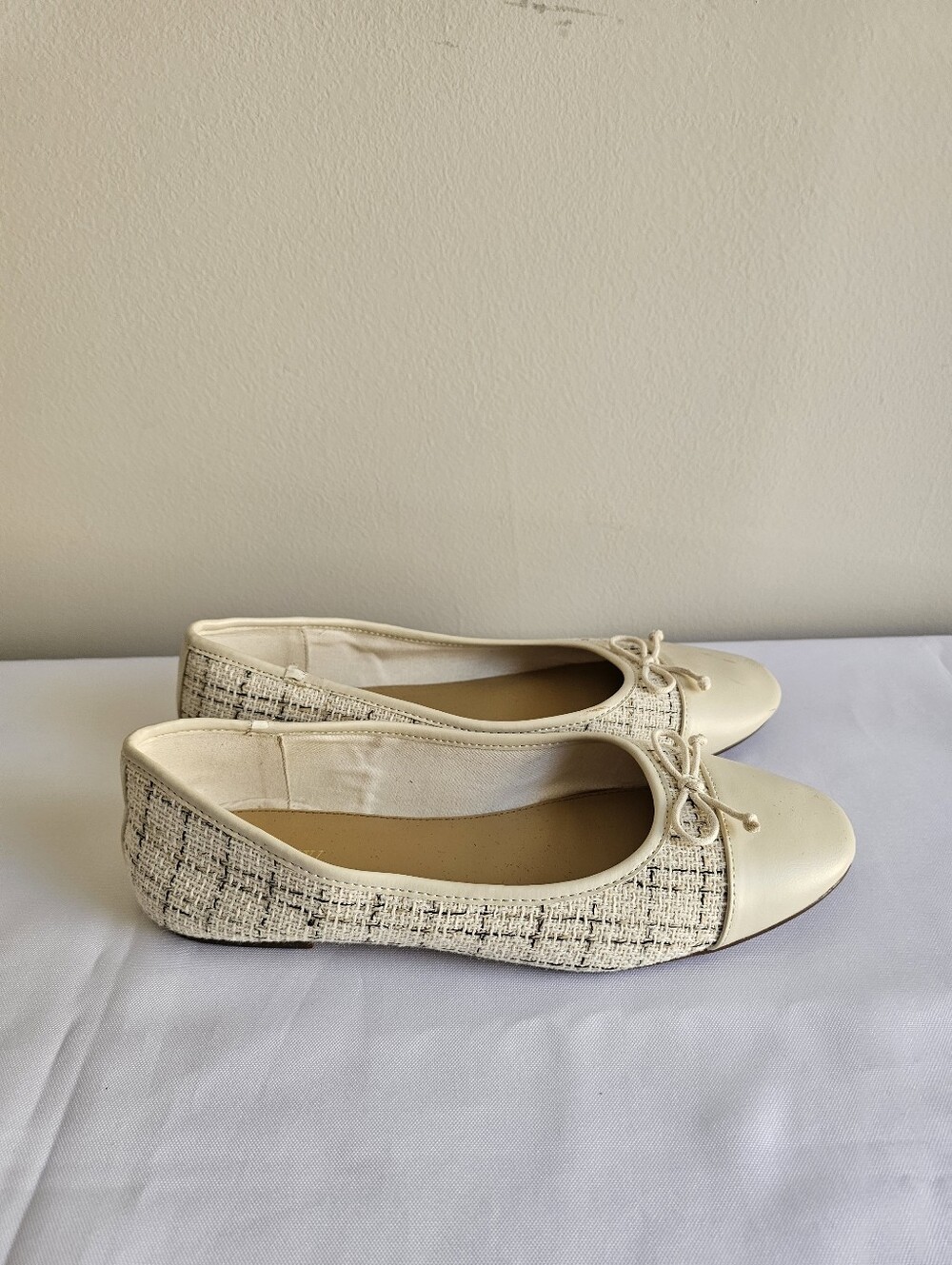 J. Crew Cream Tweed Cap-Toe Ballet Flats with Bow